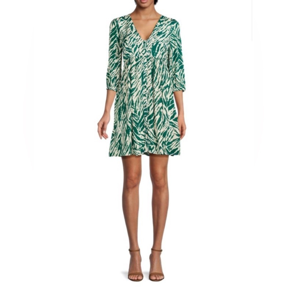 BA&SH Vuzy Green White Mini Dress Medium VNeck Print Paris Boho Modern